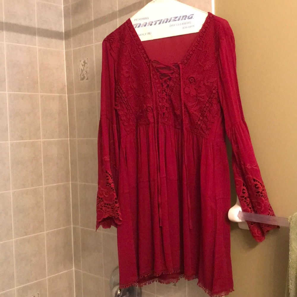 Dark Red Long Sleeve Shirt Dress.